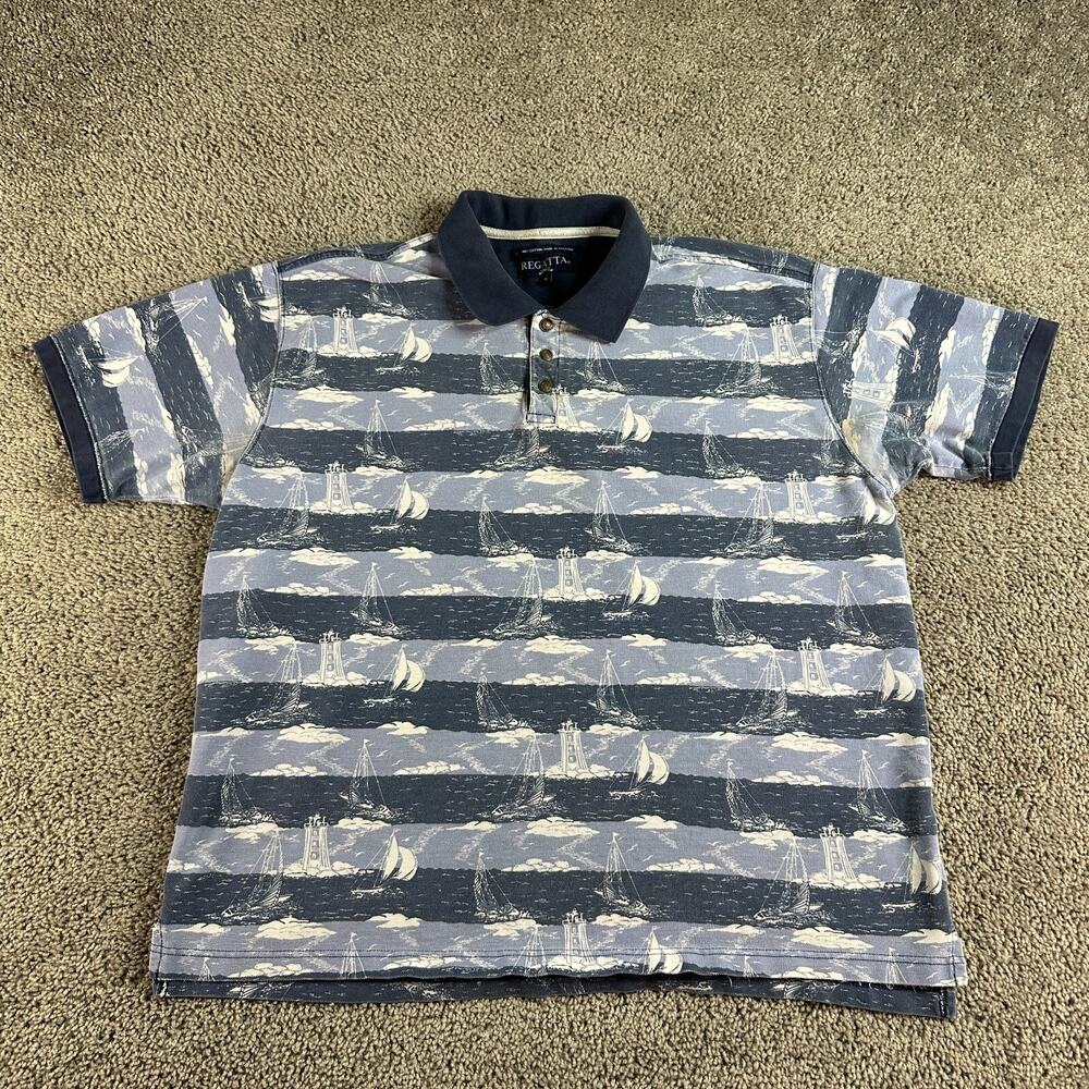 VINTAGE Regatta Shirt Mens XL Blue White AOP Sailboats Sailing Print Polo *